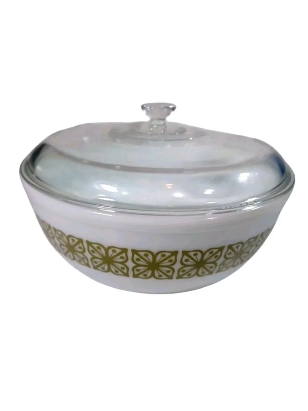 PYREX Vintage 404 OvenWare Bowl With Glass Lid 4 Quart Square Flower Verde Green